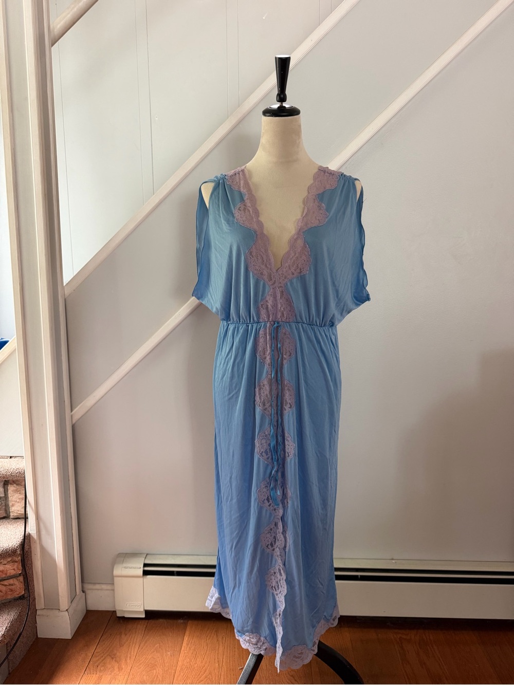 Vintage D’Oro Blue Lavender Lace Nightgown Peignoir Dress Sheer Size 42